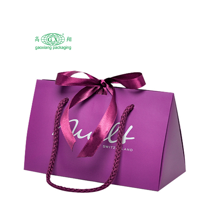 豪华定制印刷紫色全标志印刷纸板纸袋袋，带蝴蝶结手柄，用于礼品购物盒